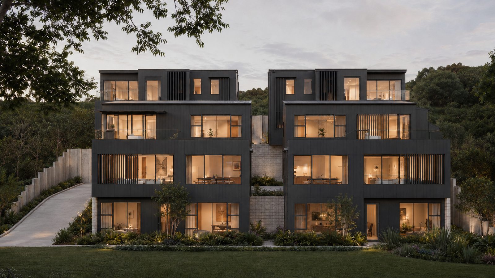 Castor Bay — homes at dusk