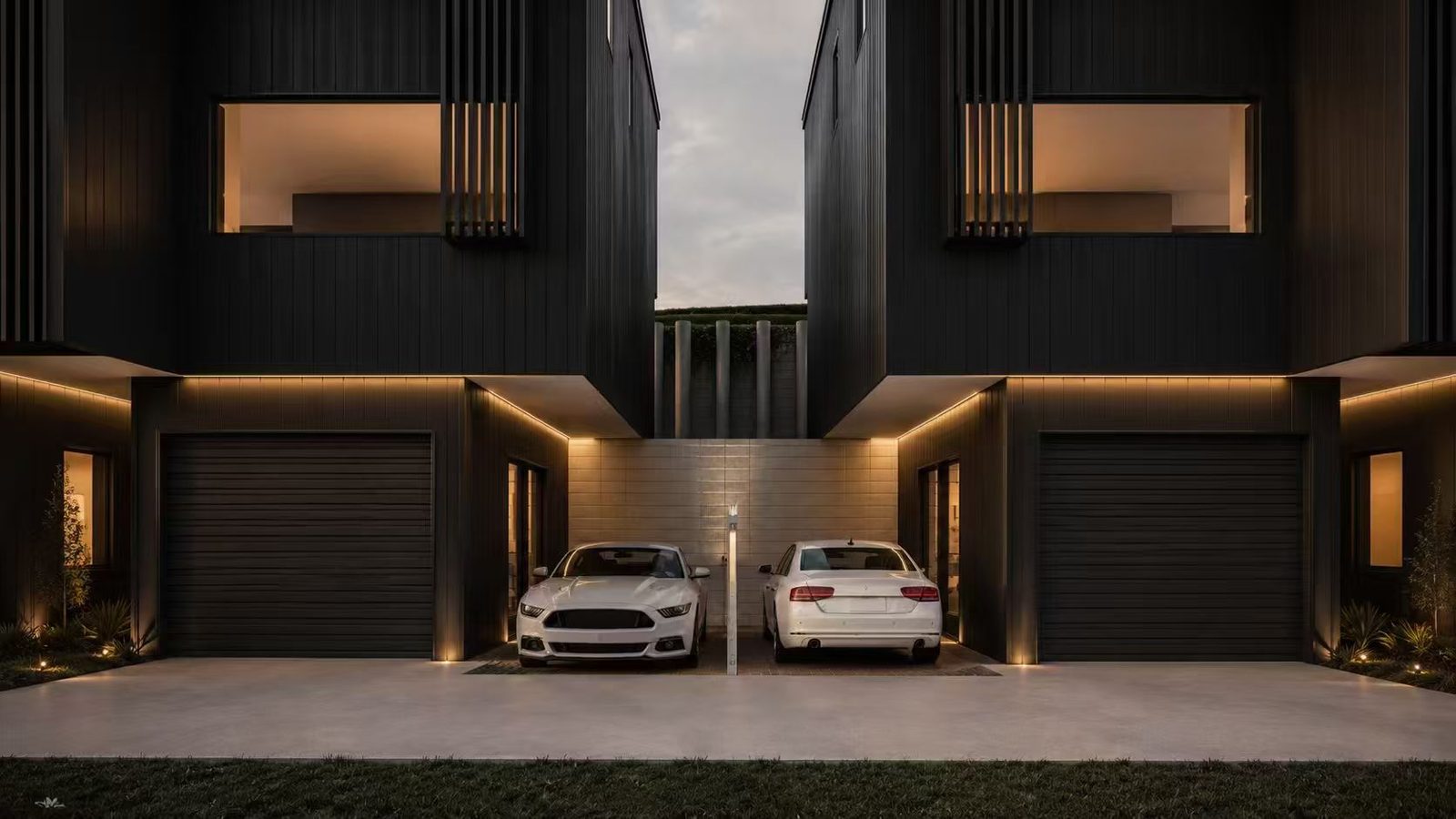 Castor Bay — entry and garaging at dusk